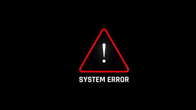 System Error. 5-second looping glitch animation with red warning triangle, exclamation mark, and distorted "SYSTEM ERROR" text. Perfect for tech failure, UI alerts, and cybersecurity visuals.