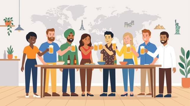 A vibrant flat design illustration depicting a diverse group of people from various nations raising their beer glasses in a celebratory global toast, set against a subtle world map backdrop.