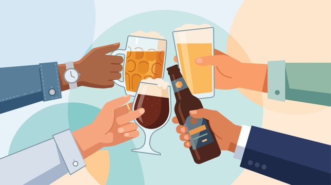 A warm flat design illustration depicting four diverse hands holding various beer glasses, coming together in a celebratory toast for International Beer Day.