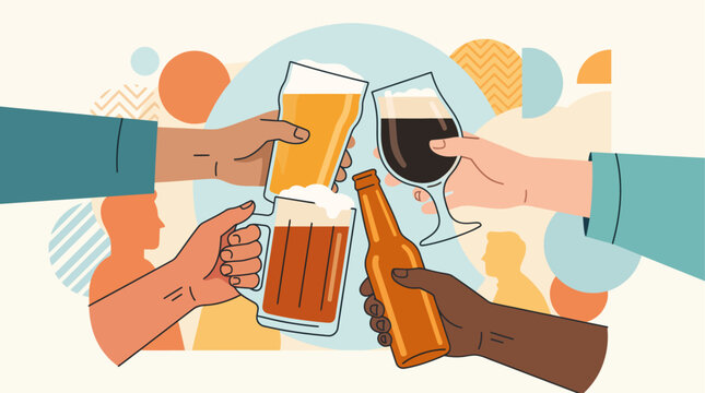 A warm flat design illustration depicting four diverse hands holding various beer glasses, coming together in a celebratory toast for International Beer Day.