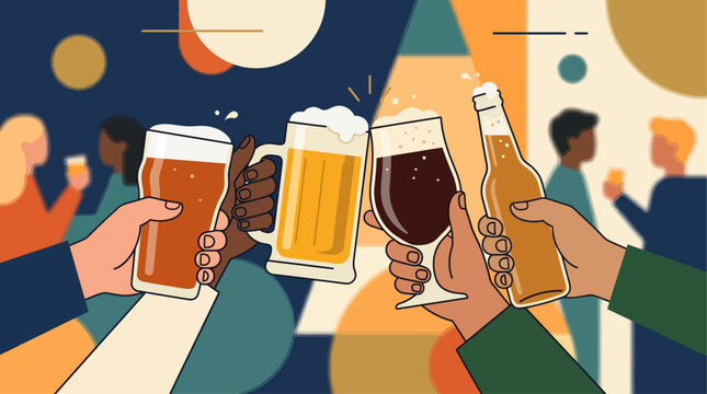 A warm flat design illustration depicting four diverse hands holding various beer glasses, coming together in a celebratory toast for International Beer Day.