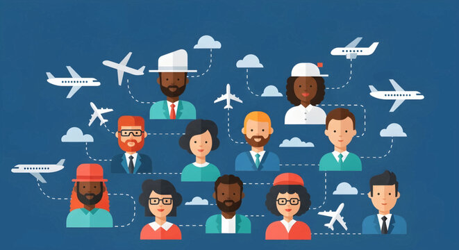 Diverse group of people connected by dashed lines with airplanes and clouds, symbolizing global travel and networking.