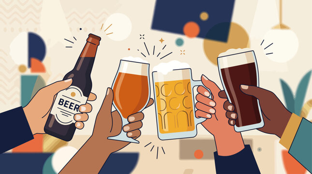 A warm flat design illustration depicting four diverse hands holding various beer glasses, coming together in a celebratory toast for International Beer Day.
