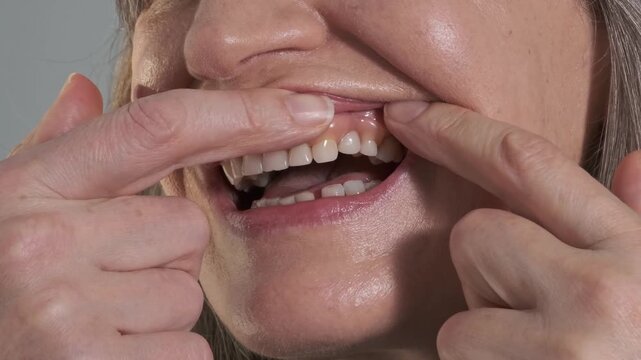 Close up of 58 year old woman showing inserted dental prosthesis under upper lip, dental implant restoration and oral healthcare concept.