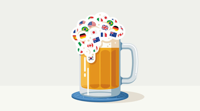 A vibrant flat design illustration of a frothy beer mug, adorned with subtle miniature world flags, symbolizing the international spirit of Beer Day.