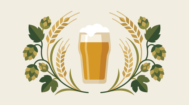 A clean flat design illustration showcasing stylized hops and barley stalks framing a full beer glass, representing the natural ingredients and essence of International Beer Day.