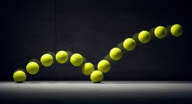 Multiple tennis balls captured in a sequence illustrating the trajectory of a bounce on a dark surface.
