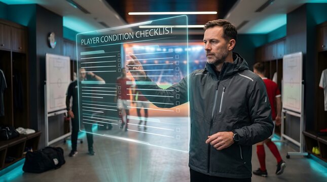Soccer Manager in Suit Using Holographic Display in Stadium