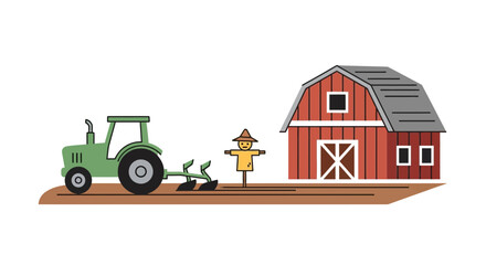 Green tractor plowing field near red barn and scarecrow, farm illustration © Lina