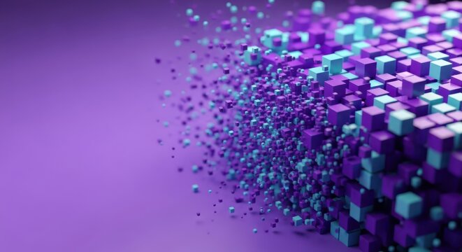 Abstract background with purple and blue 3d cubes dissolving into particles