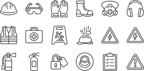 Fototapeta premium Collection of safety and protective equipment icons for workplace and safety signs