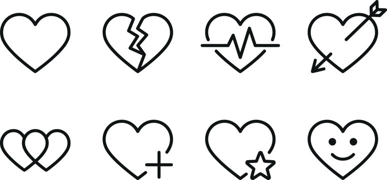 Collection of eight minimalistic black line heart icons with various designs