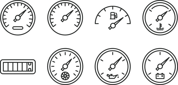 Collection of various car gauges and meters showing different readings and levels