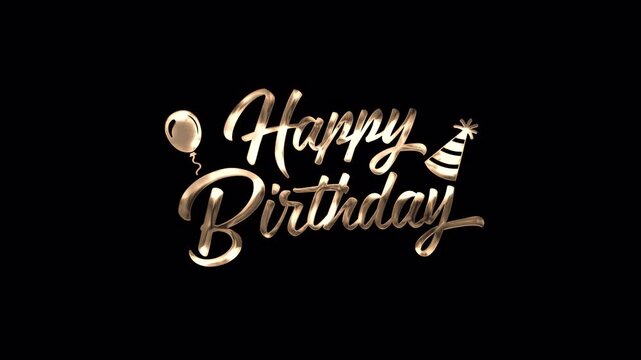 Gold happy birthday text balloon party hat black background festive celebration decoration. Suitable for birthday party invitations or greeting cards design.