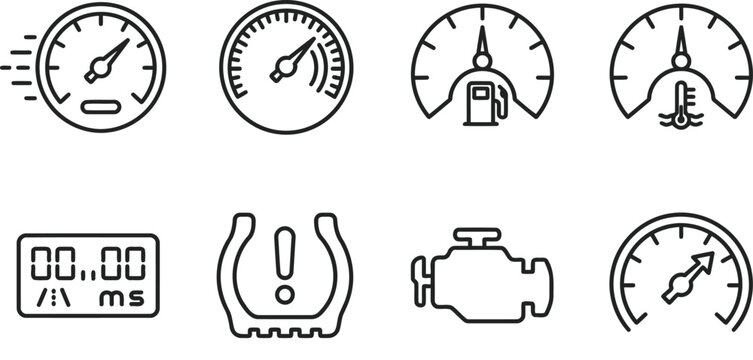 Collection of automotive dashboard warning gauges and indicators