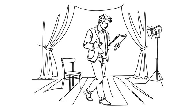 A man reading a script on a film set with a spotlight.