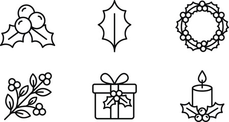 Fototapeta premium Set of six festive holiday icons including holly, wreath, candle, and gift