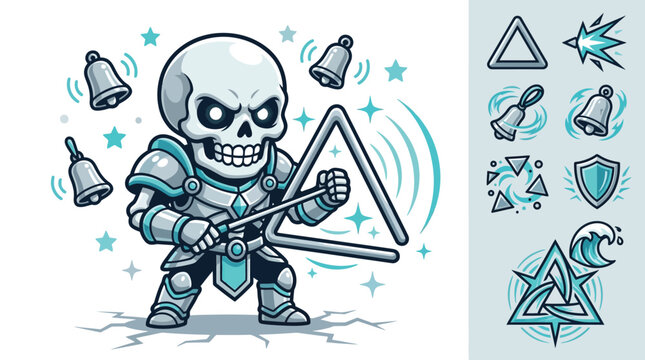 Flat vector illustration of a fantasy skeleton warrior in silver and teal plate armor playing a musical triangle instrument, featuring floating ringing bells and game UI icons.