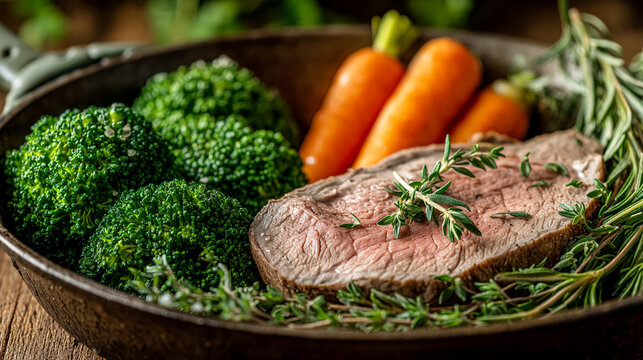 Juicy pan seared beef steak served with steamed broccoli and baby carrots in a skillet
