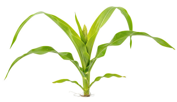 A young corn plant stands upright on a transparent background. The plant has long, green leaves and a small, developing ear of corn.