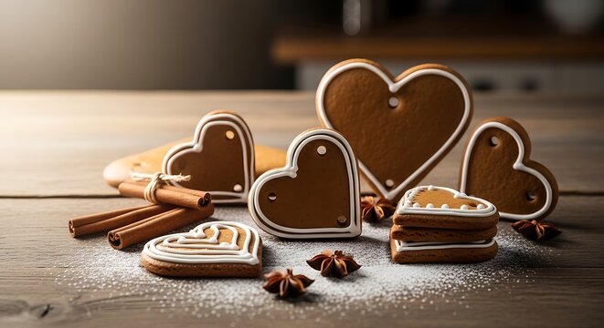 Heart shaped gingerbread cookies and spices on a wooden surface