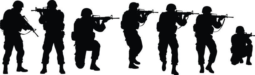 Fototapeta premium Military soldier silhouette collection with armed combat tactical poses and army personnel isolated on light background