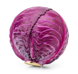 Fototapeta premium A spherical head of red cabbage sits on a transparent background. The cabbage has a vibrant purple hue with intricate, layered leaves.