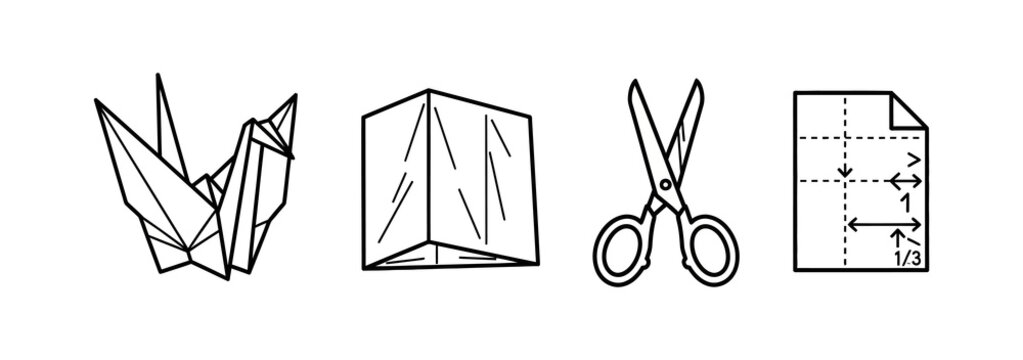 Paper crafting line art icon set origami crane, folded paper tent, scissors, and instruction sheet. Perfect for DIY projects, creative hobbies, and educational tutorials