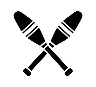 Elegant black silhouette of two crossed juggling clubs, an iconic symbol representing skill, performance art, entertainment, circus, and recreational hobbies