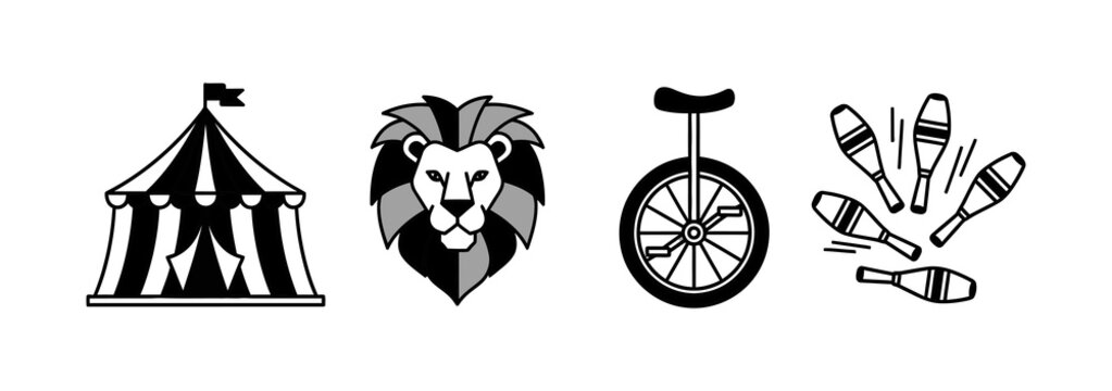 Classic circus entertainment concept icons a majestic lion head, striped tent, agile unicycle, and playful juggling pins, representing thrilling shows and amusement