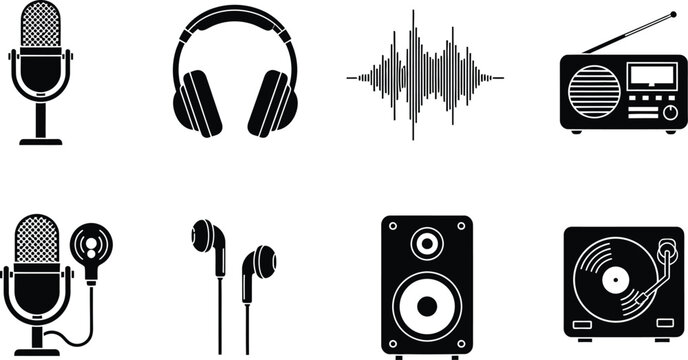 Audio equipment editable icon set microphones headphones speakers radios music production graphics