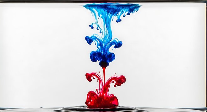 Abstract macro shot of blue and red ink dissolving in water, creating beautiful swirling patterns against a white background.