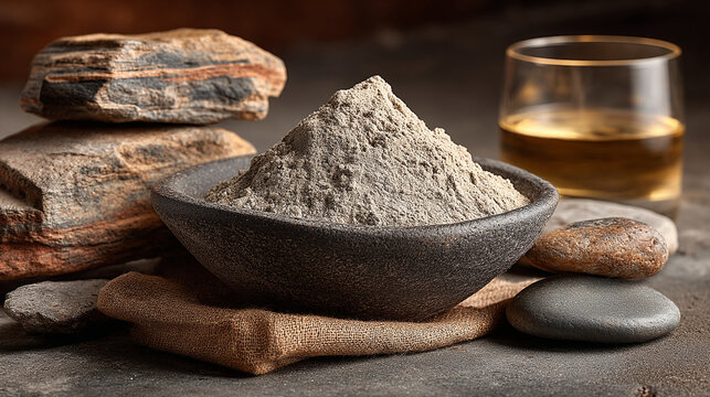 Natural mineral clay powder in stone bowl for wellness and spa treatment beauty care