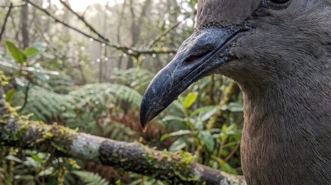 Extreme close up of a pombo bird showing intricate feather textures and a sharp hooked beak set against a lush misty forest background in a cinematic widescreen composition capturing nature details.
