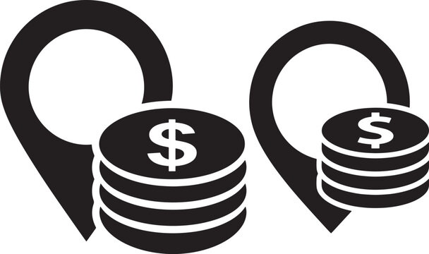 Location pin icon with coin stack on white