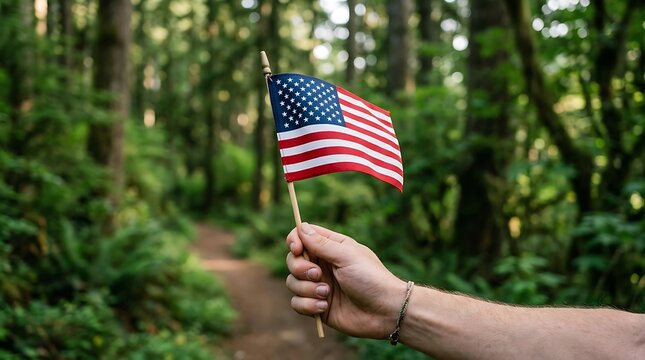 Hand holding small American flag in a lush green forest background