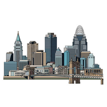 Detailed Cincinnati City Skyline Facing the River