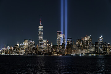 Night view of the skyline of the World Trade Center in Manhattan, New York City.