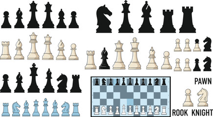 Chess Pieces Vector Collection with Pawn Knight Rook King Queen and Classic Chessboard Illustrations © Mim