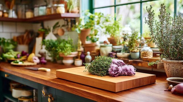Fresh green herbs and purple flowers on a thick wooden cutting board in a rustic kitchen