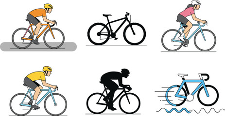 Obraz premium Cycling and Bicycle Vector Collection with Road Cyclists Mountain Bike and Racing Bicycle Illustrations