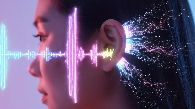 Abstract visualization of sound waves radiating from a person's ear into a vibrant spectrum