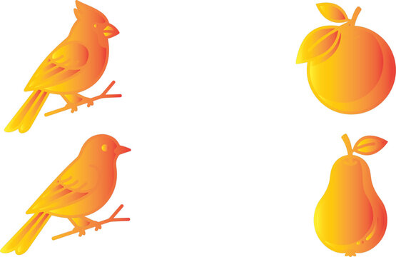 Find differences game elements with golden orange gradient birds on branches, orange and pear fruit icons.