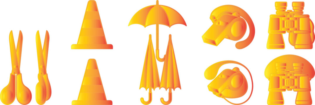 Find differences game elements with golden orange gradient scissors, traffic cones, umbrellas, whistles and binoculars icons.