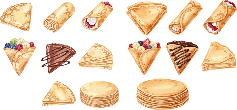 Set of delicious watercolor pancakes and crepes with various fillings and toppings, perfect for breakfast or dessert illustrations.