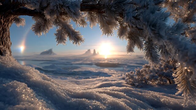 Winter Sun Dog Over Frozen Lake with Snowy Pine Branches