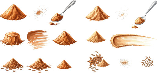 Fototapeta premium Collection of various spices and powders, including cinnamon, cocoa, and coffee, in different forms like piles, spoonfuls, and smudges, perfect for culinary and ingredient-related designs.
