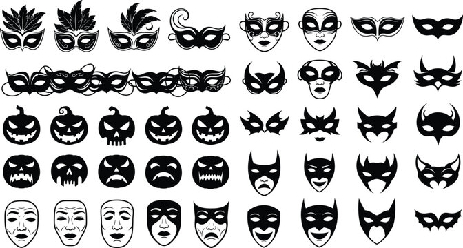 Masquerade Mask and Halloween Face Vector Collection with Carnival Masks Pumpkin Icons and Costume Designs