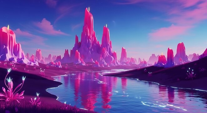 Surreal Alien Landscape with Glowing Pink Rock Formations and Calm Reflective Water.