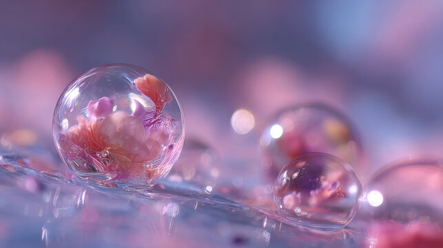 Enchanting macro world of tiny pink flowers trapped inside crystal clear dew drops creating a beautiful and serene nature abstract background